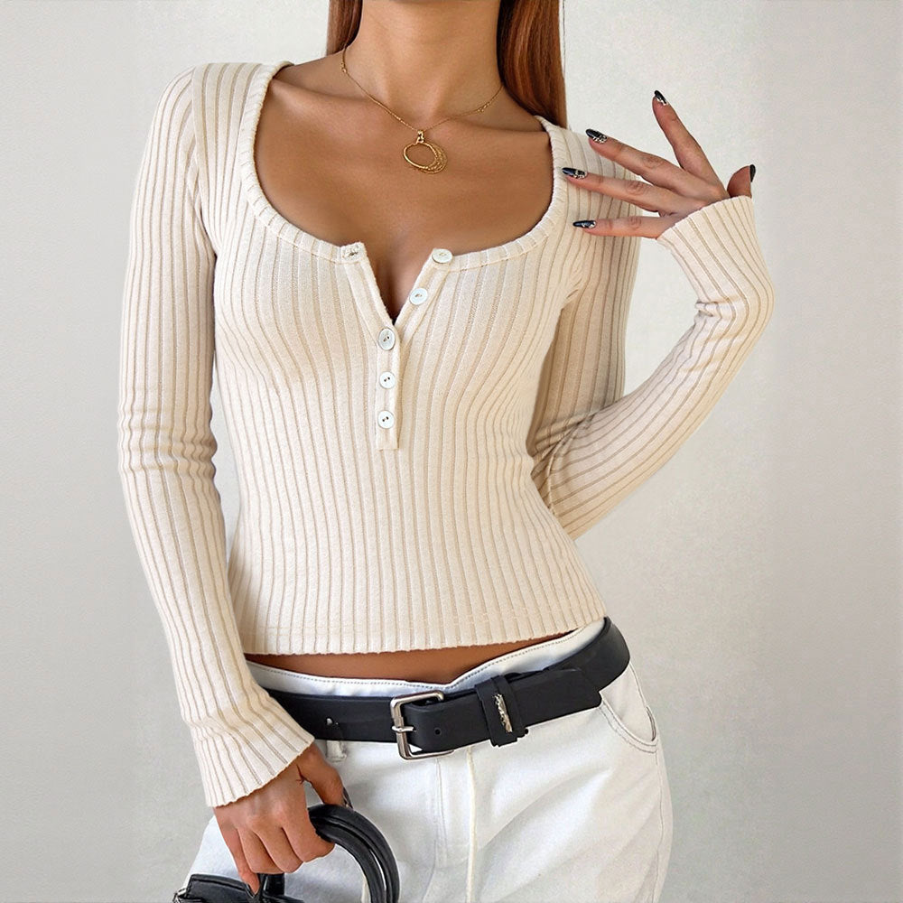 Damen Langarmshirt mit tiefem V-Ausschnitt und Knopfdetails Drune