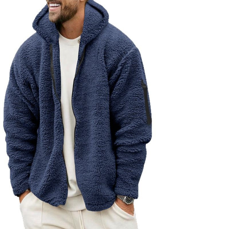 Herren nan Teddy-Fleece Zip-Jacke mit Kapuze, verdecktem Zwei-Wege-Reißverschluss und Ärmeltasche Drune