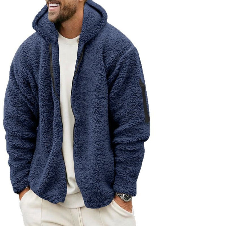 Herren nan Teddy-Fleece Zip-Jacke mit Kapuze, verdecktem Zwei-Wege-Reißverschluss und Ärmeltasche Drune