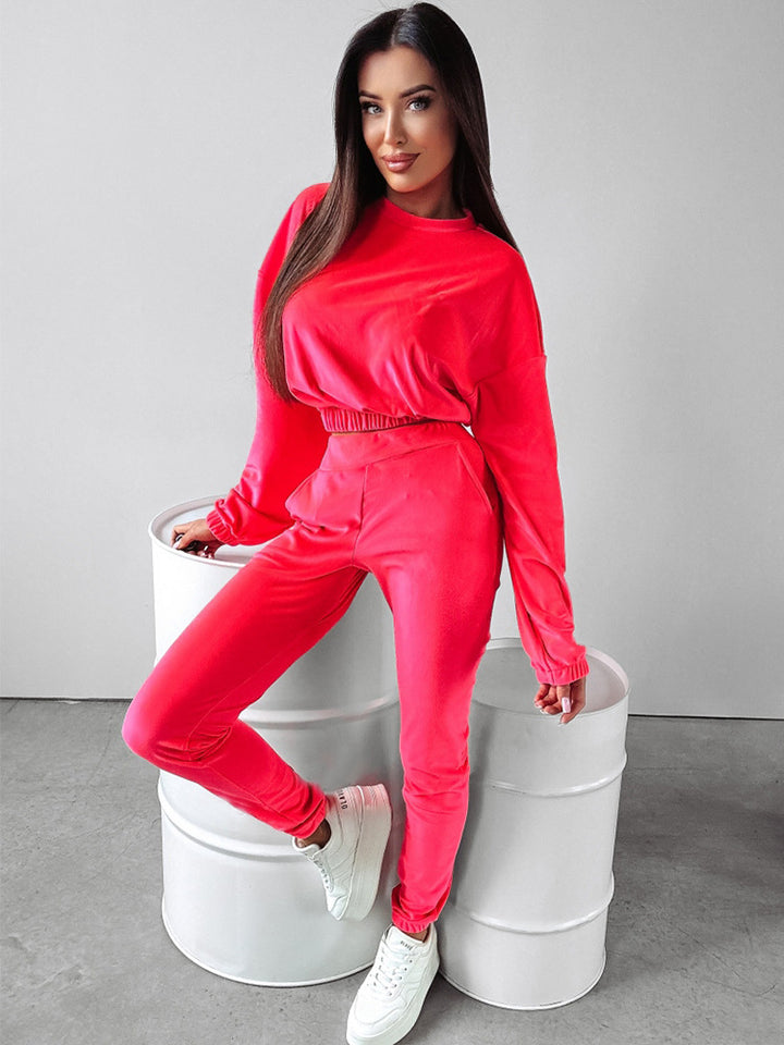Damen modisches Cropped-Sweat-Set mit elastischem Bund und lässigen Hosen Drune