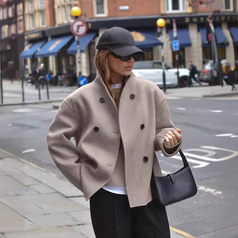 Damen modische Kurzjacke mit doppelter Knopfreihe und lässigen Ärmeln Drune