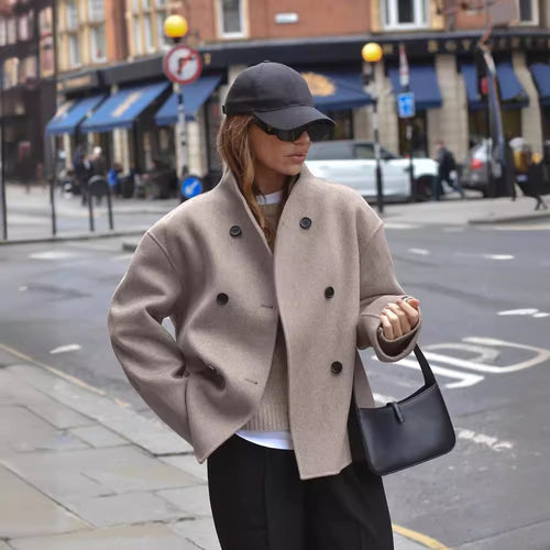 Damen modische Kurzjacke mit doppelter Knopfreihe und lässigen Ärmeln Drune