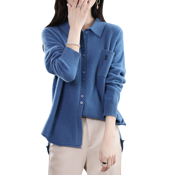 Damen Langärmlige Strickjacke mit elegantem Kragen und praktischer Knopfleiste Drune