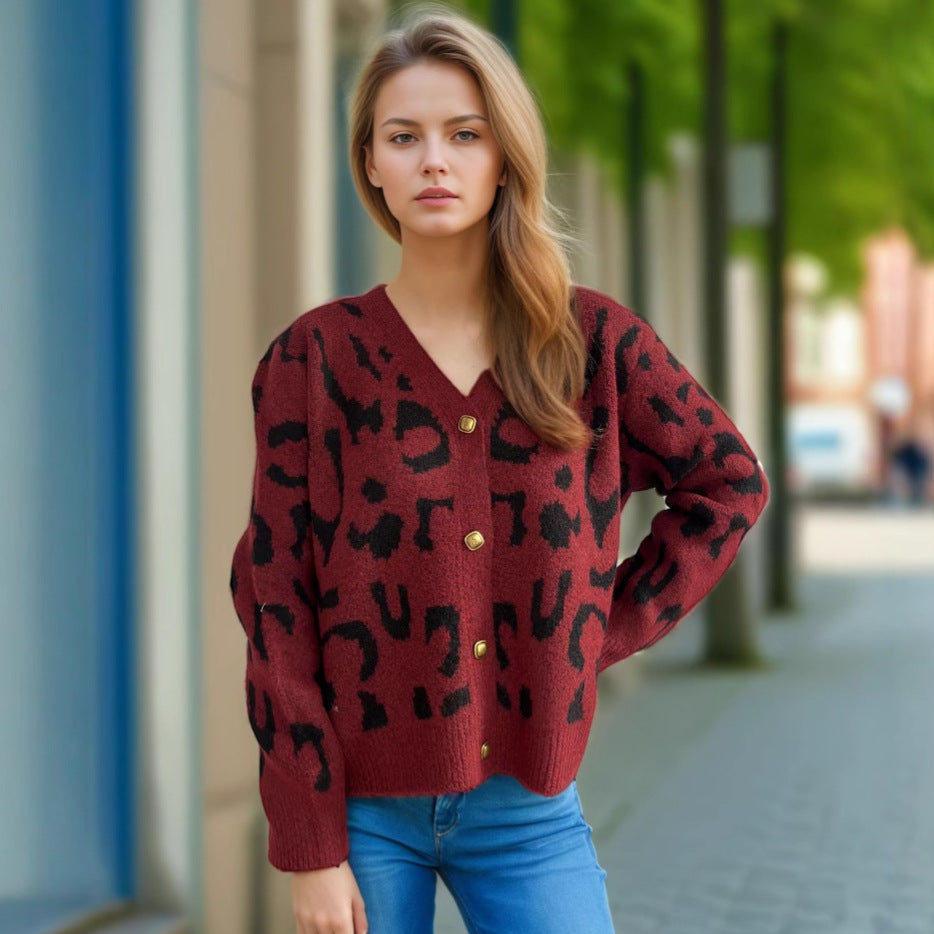 Damen Strickjacke im modernen Leopardenmuster mit Knopfdetails Drune