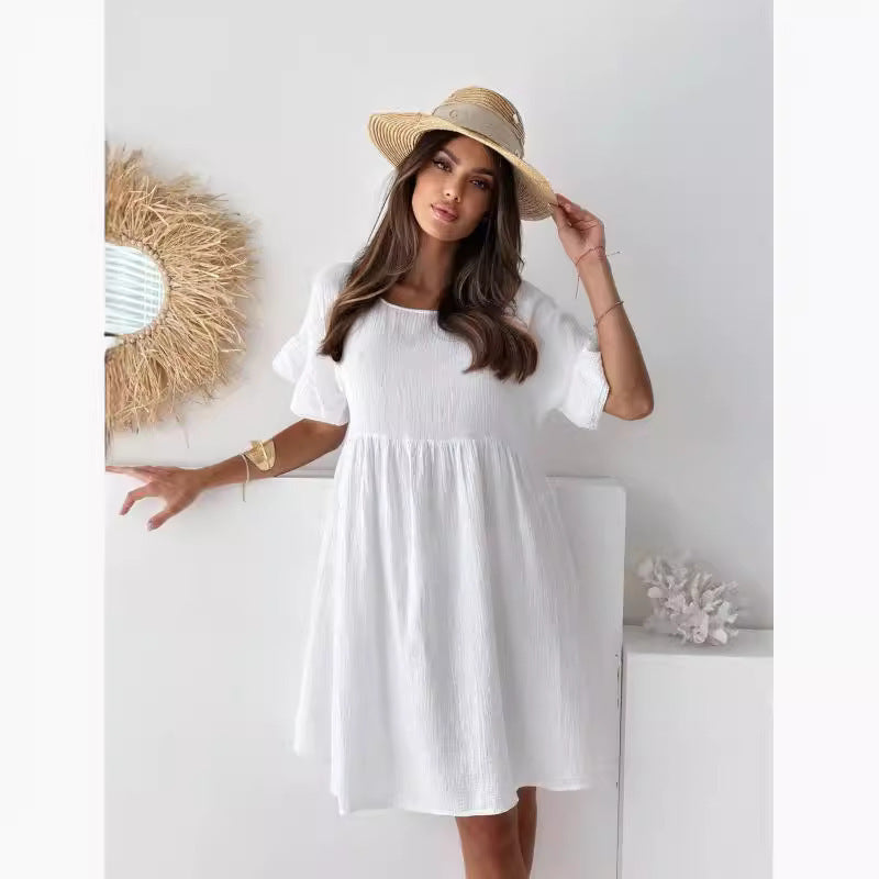 Damen lässiges Sommerkleid mit elastischem Taillenzug und kurzen Ärmeln Drune