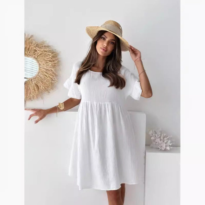 Damen lässiges Sommerkleid mit elastischem Taillenzug und kurzen Ärmeln Drune