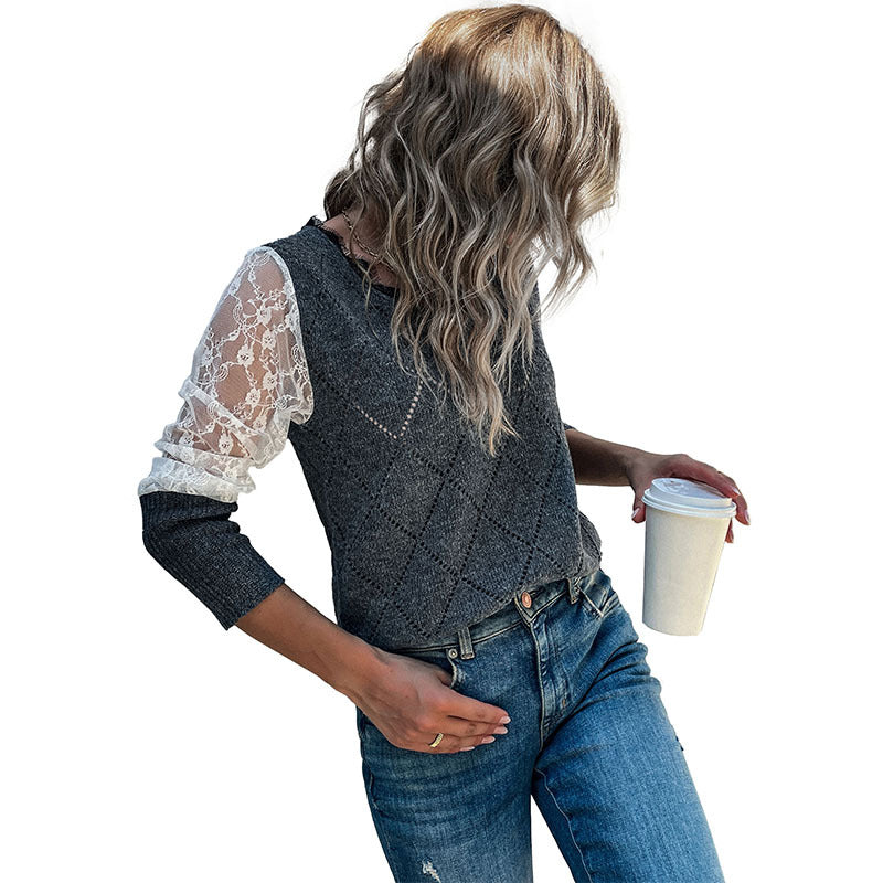 Damen Strickpullover mit Spitzeneinsätzen und modernem Rautenmuster Drune