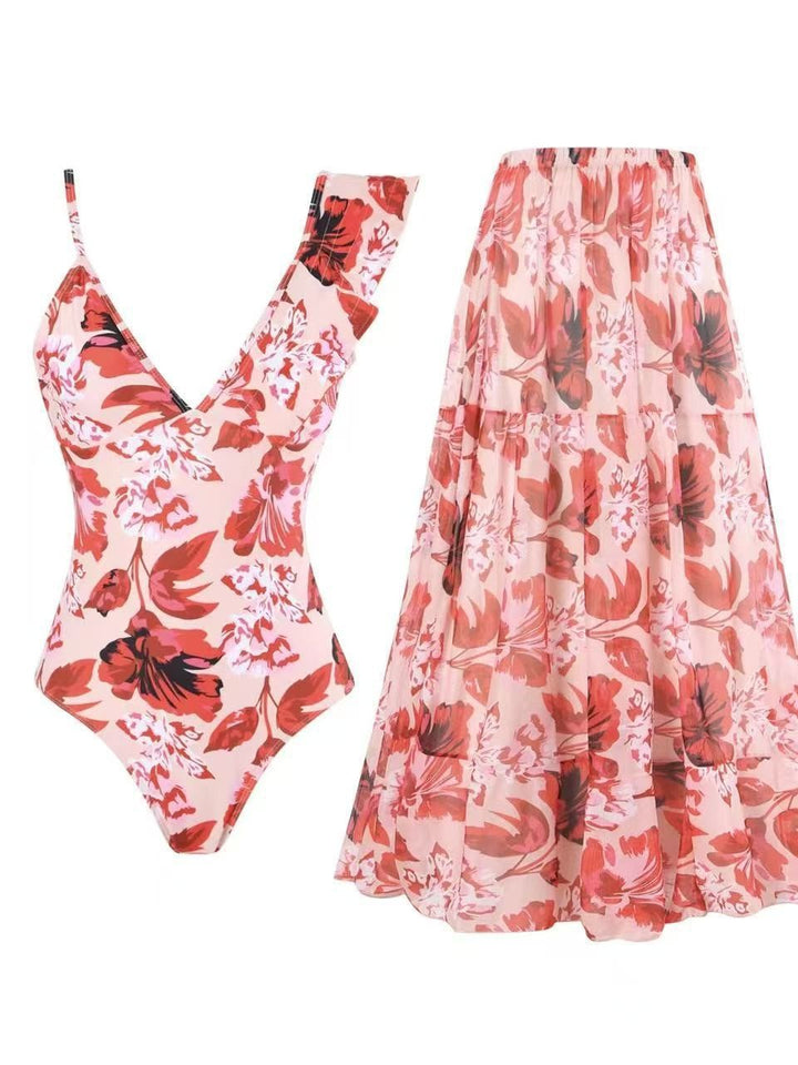 Damen Badeanzug mit floralem Design und passendem Rock Drune