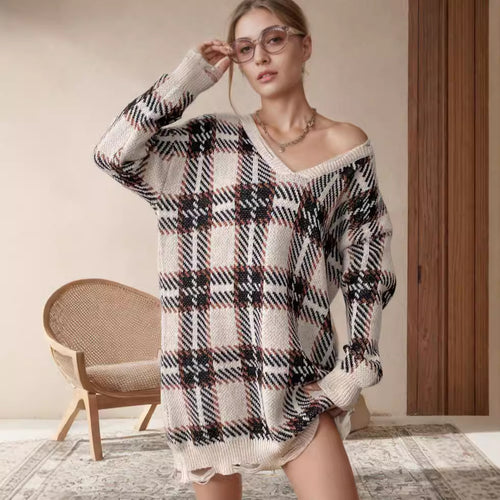 Damen Grobstrickpullover im modischen Karomuster Drune