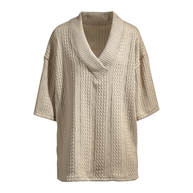 Damen nan weiter Kurzarm-Strickpullover mit Schalkragen und Zopfmuster Drune