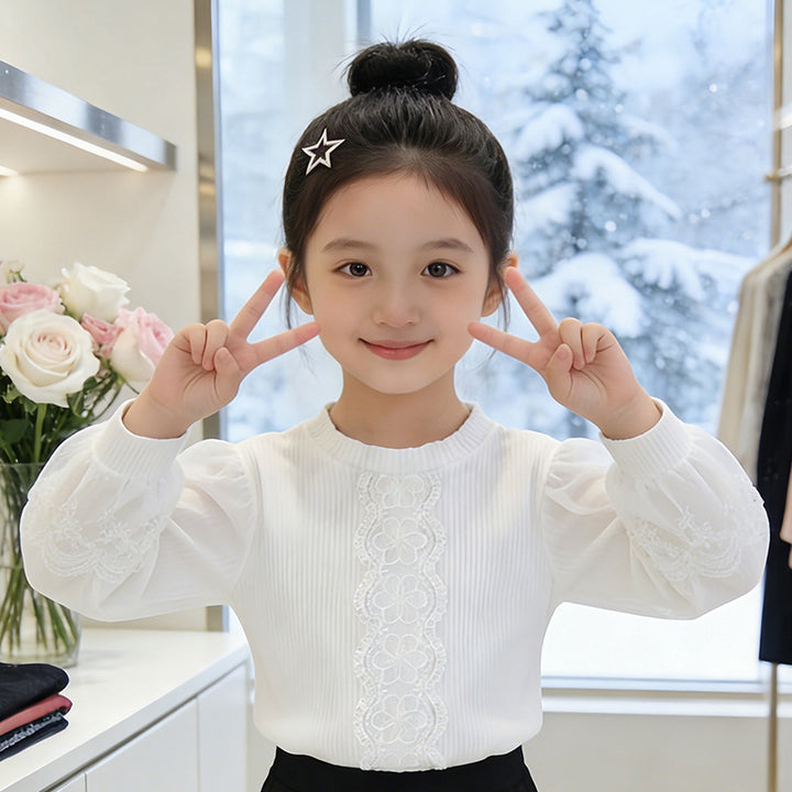 Mädchen elegante Bluse mit transparenten Puffärmeln und zarter Blumenstickerei Drune
