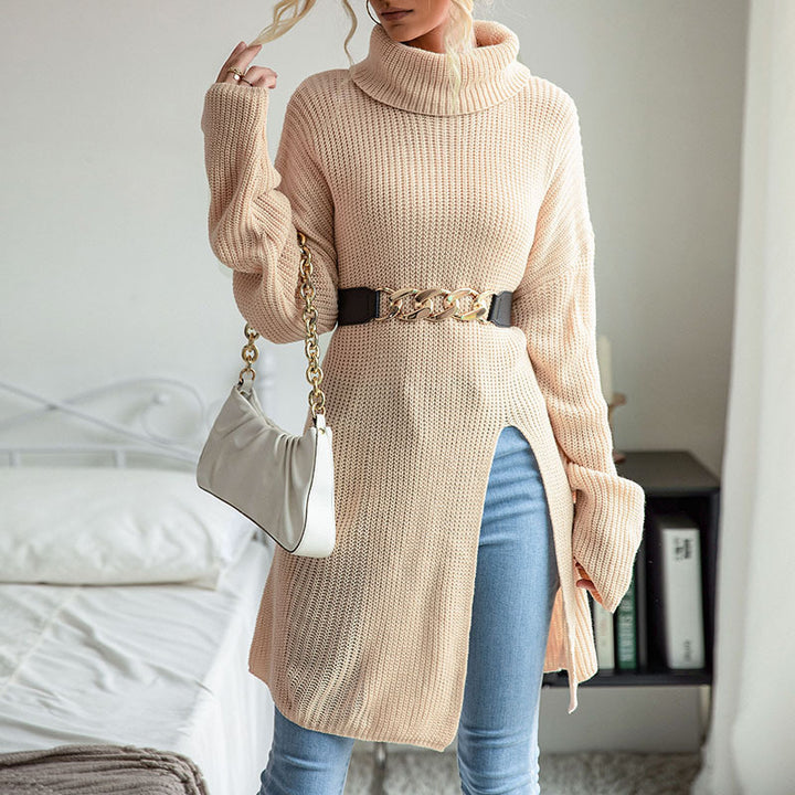 Damen Strickpullover mit hohem Kragen und dekorativem Taillengürtel Drune