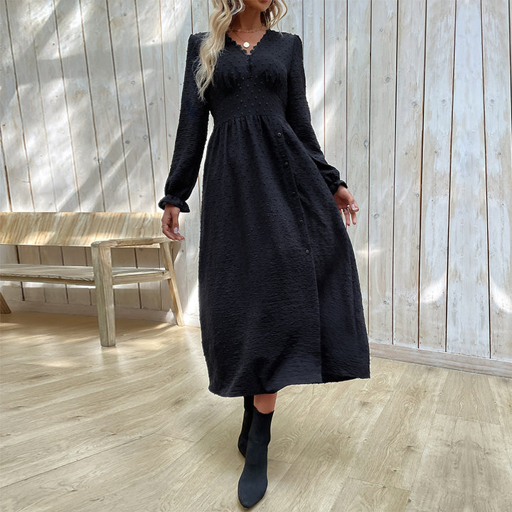 Damen elegantes Knielanges Kleid mit dekorativen Knopfdetails Drune