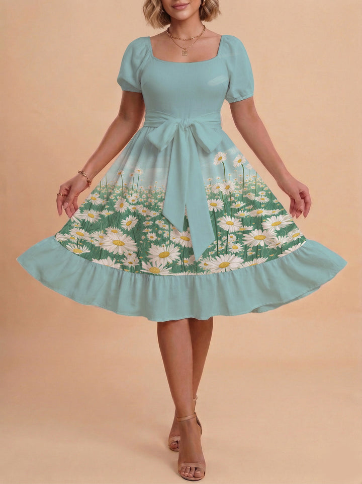 Damen Sommerliches Blumenkleid mit taillierbarem Gürtel und voluminösen Ärmeln Drune