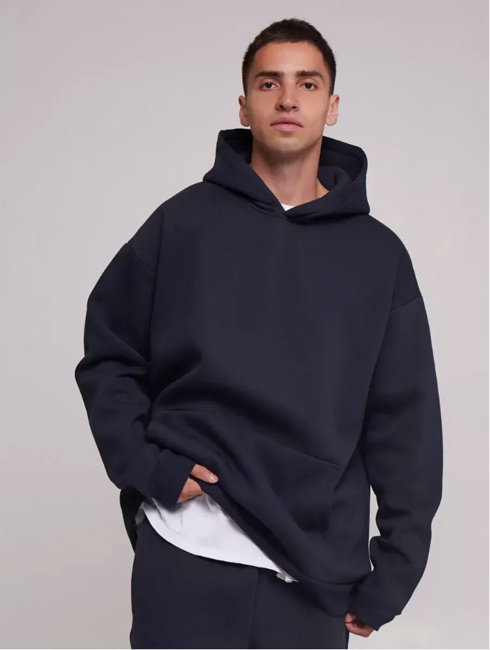 Herren nan schwerer Fleece-Boxy-Hoodie mit tiefem Schulterfall verstärkter Kapuze und Kängurutasche Drune