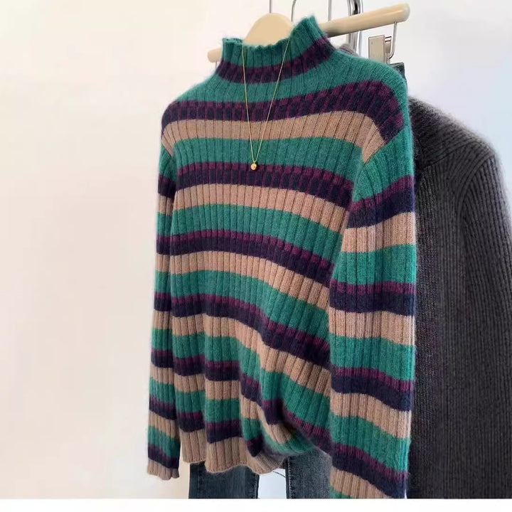 Damen Rippstrickpullover mit hohem Kragen und modischem Streifenmuster Drune