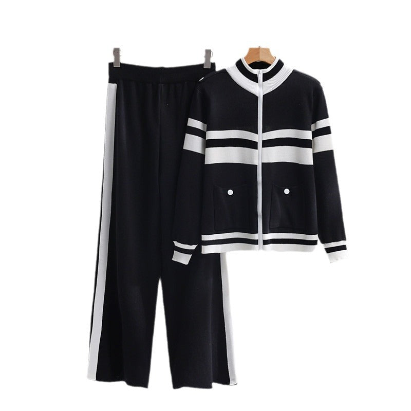 Damen sportliches Strick-Loungewear-Set mit geripptem Design und praktischen Taschen Drune