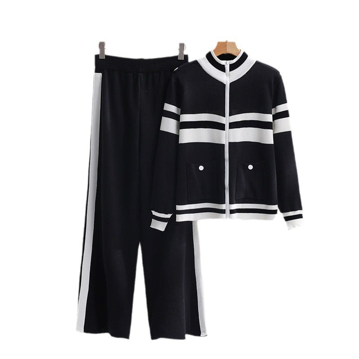 Damen sportliches Strick-Loungewear-Set mit geripptem Design und praktischen Taschen Drune