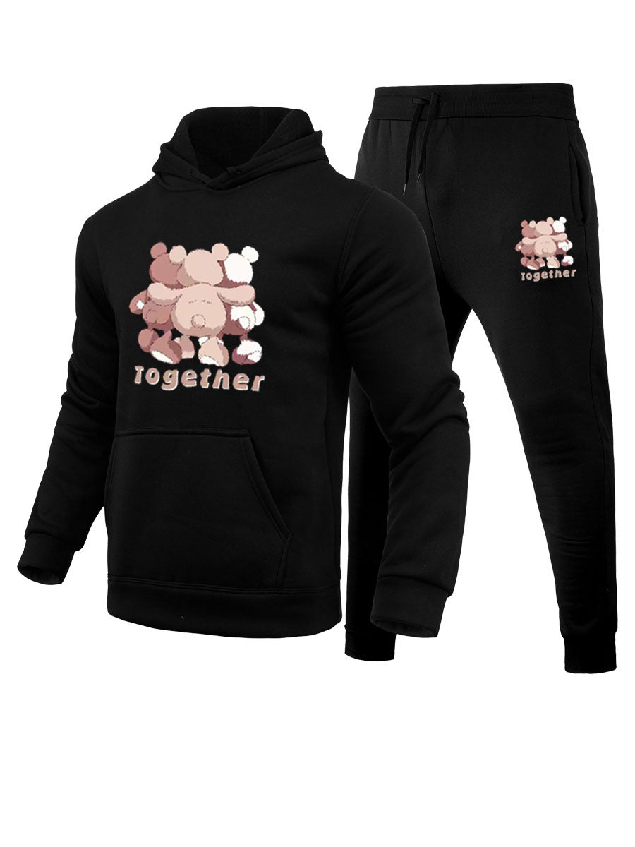 Damen Hoodie- und Jogginghose-Set mit kreativem Bärenmotiv und Kängurutaschen Drune