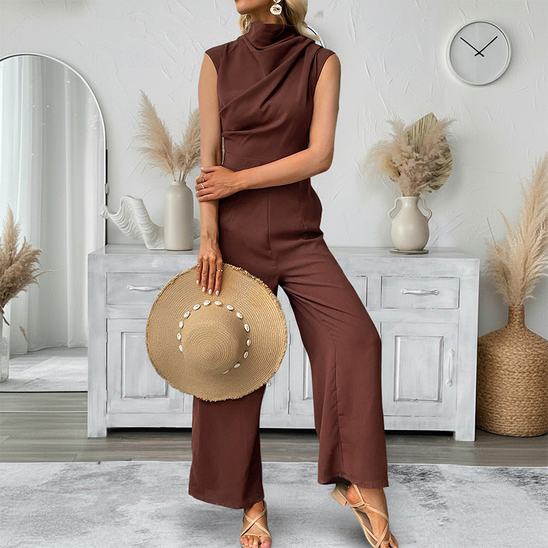 Damen eleganter Jumpsuit mit hohem Kragen und weit geschnittenem Bein Drune