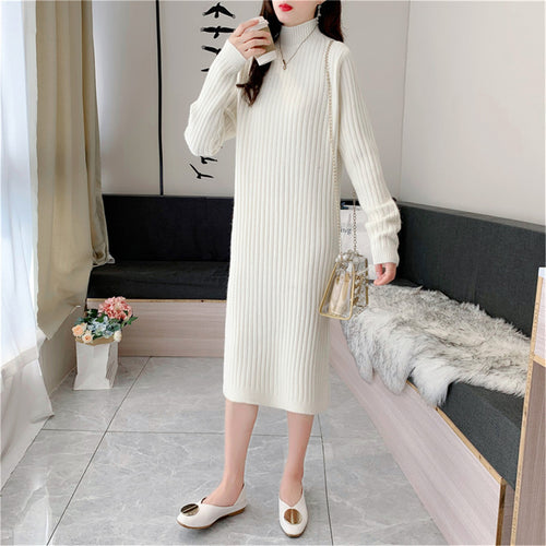 Damen Strickmaxikleid mit hohem Kragen und feiner Rippstruktur Drune