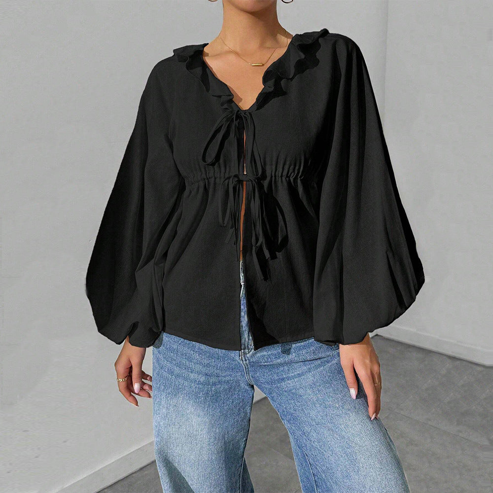 Damen blusenförmige Shirtjacke mit voluminösen Ärmeln und Rüschendetails Drune