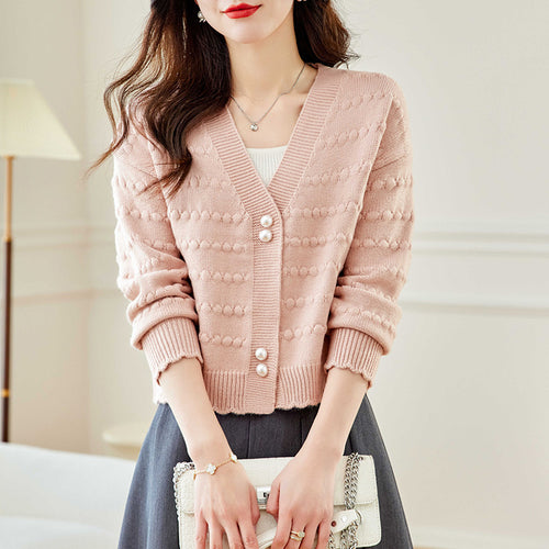 Damen kuschelige Strickjacke mit perlverzierten Knöpfen und strukturiertem Design Drune