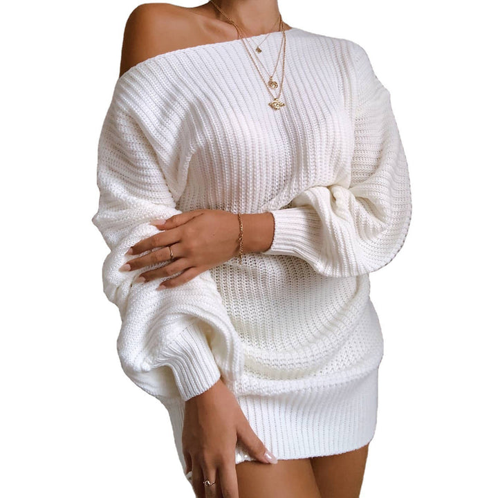 Damen lässiges Strickkleid mit schulterfreiem Design und voluminösen Ärmeln Drune