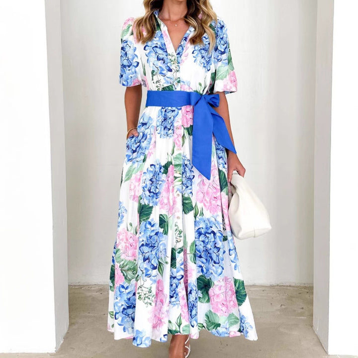 Damen Maxi-Kleid mit Bundfalten und Taillengürtel Drune