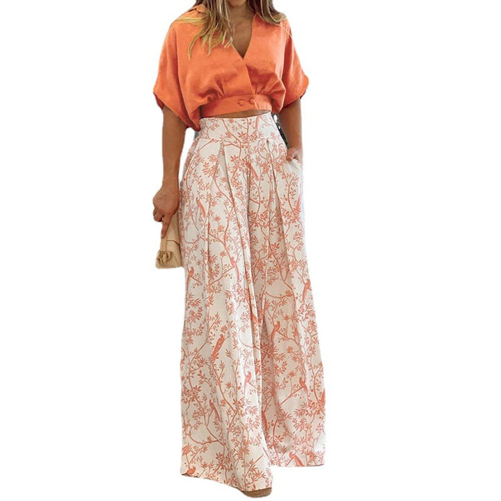 Damen Elegantes Crop-Top mit weiten Ärmeln und hochtaillierter Hose Drune