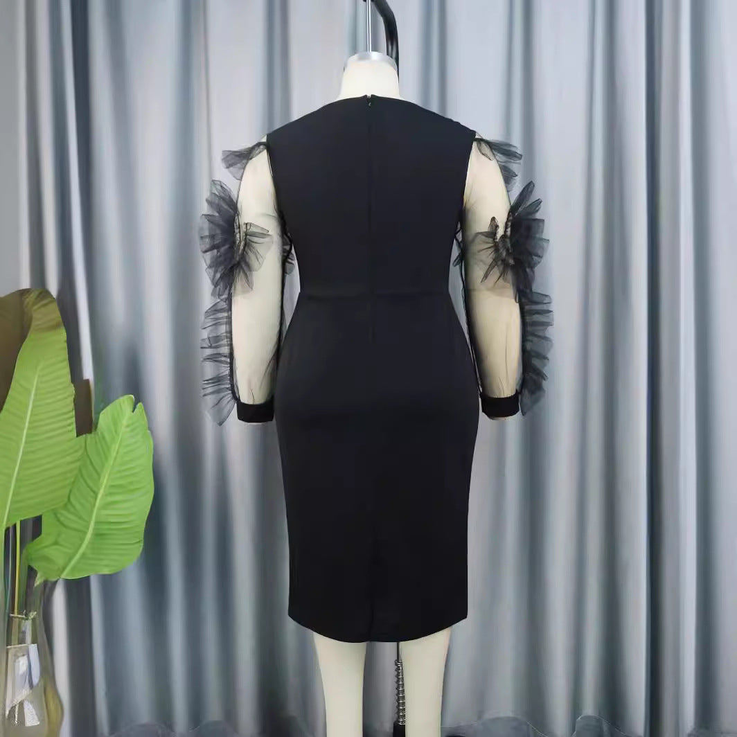 Damen Etuikleid mit voluminösen transparenten Puffärmeln Drune
