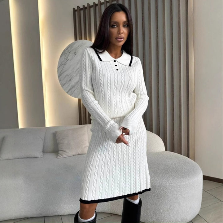 Damen Strickkleid mit Polo-Kragen und hochwertiger Zopfmuster-Oberfläche Drune