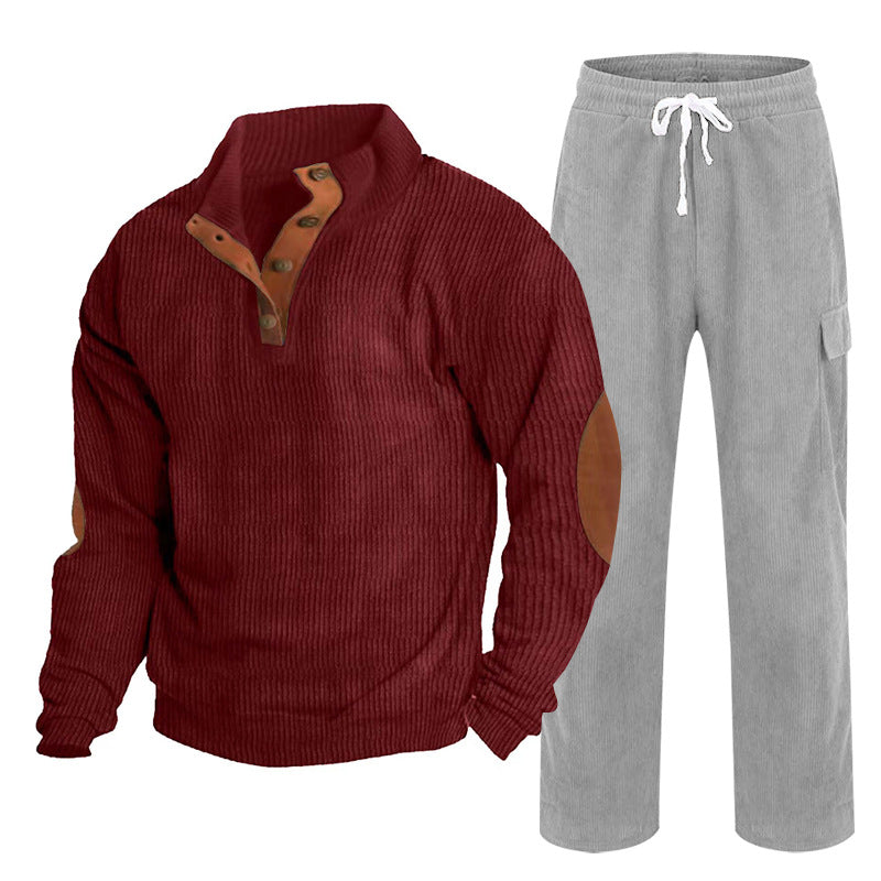 Herren nan strukturiertes Cord-Henley-Loungewear-Set mit Ellenbogenpatches und Cargo-Jogpant Drune