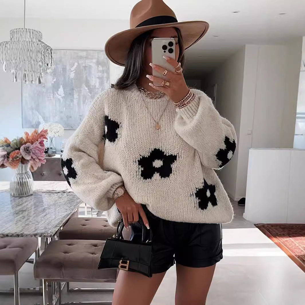 Damen kuscheliger Strickpullover mit einzigartigem Blumendesign Drune