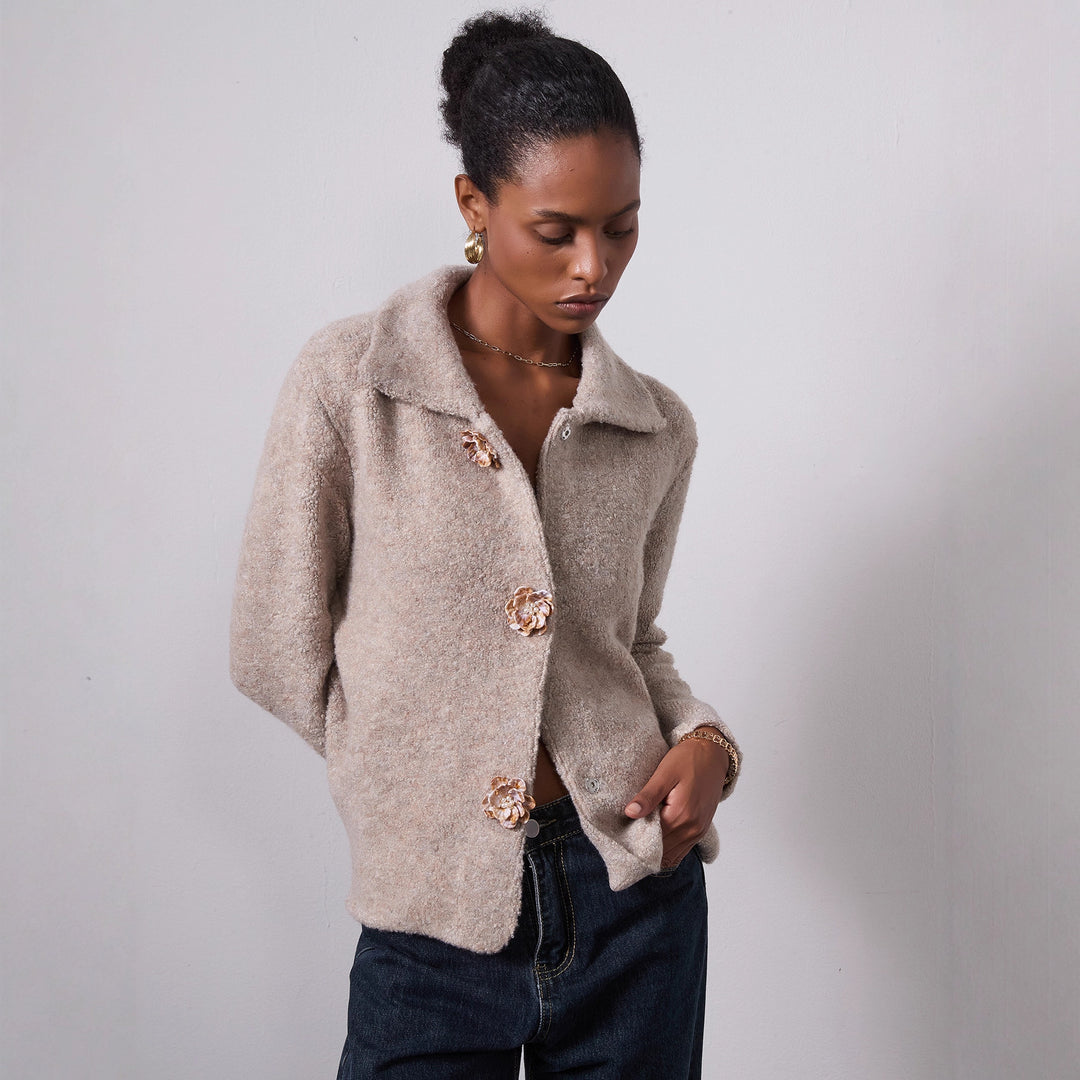 Damen elegante Strickjacke mit dekorativen Knopfdetails Drune