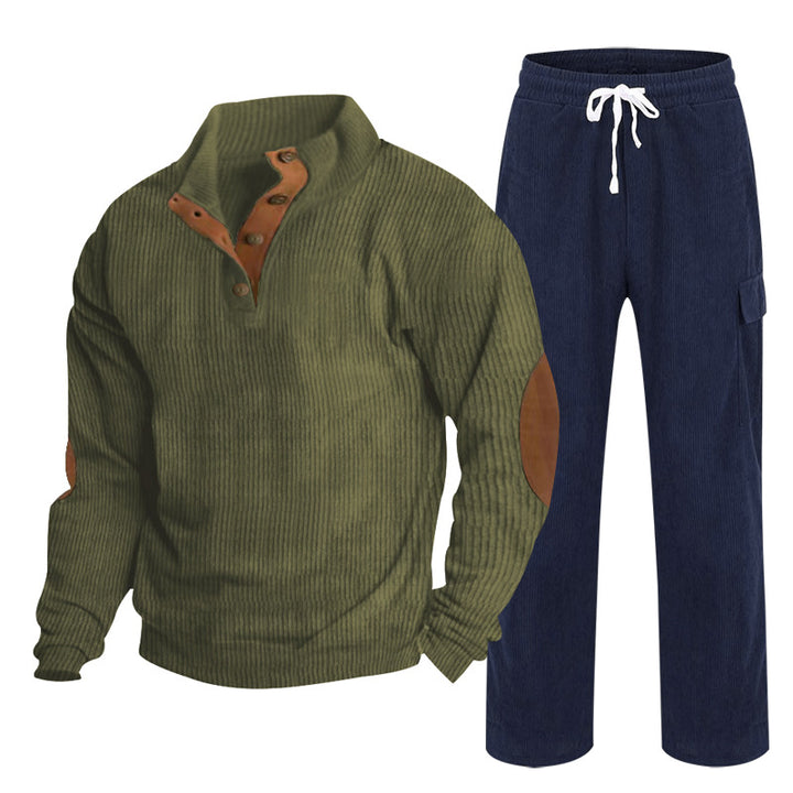Herren nan strukturiertes Cord-Henley-Loungewear-Set mit Ellenbogenpatches und Cargo-Jogpant Drune