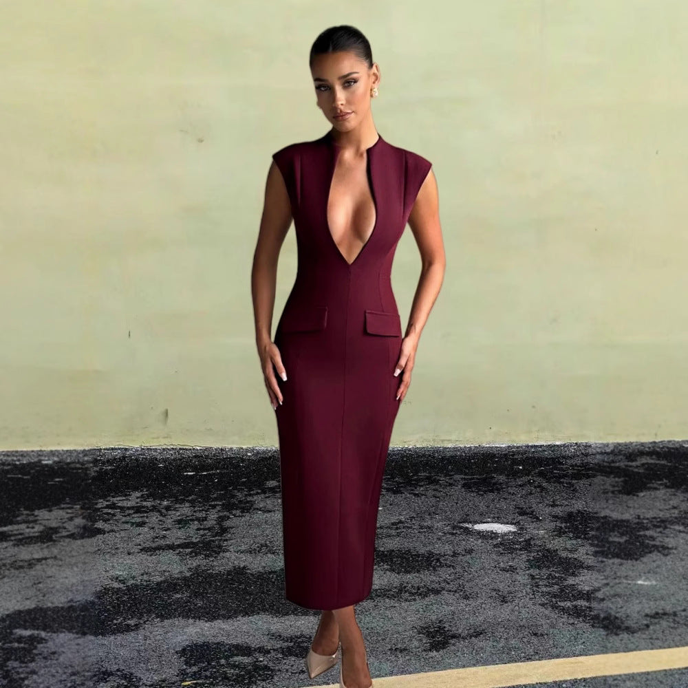 Damen elegantes Figurbetontes Kleid mit tiefem V-Ausschnitt und praktischen Taschen Drune