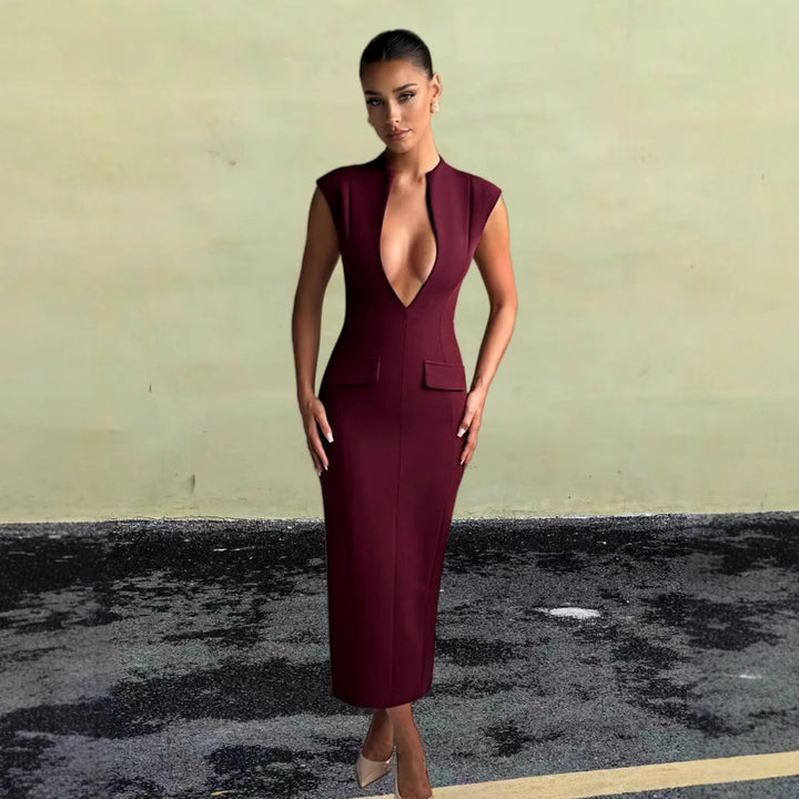 Damen elegantes Figurbetontes Kleid mit tiefem V-Ausschnitt und praktischen Taschen Drune