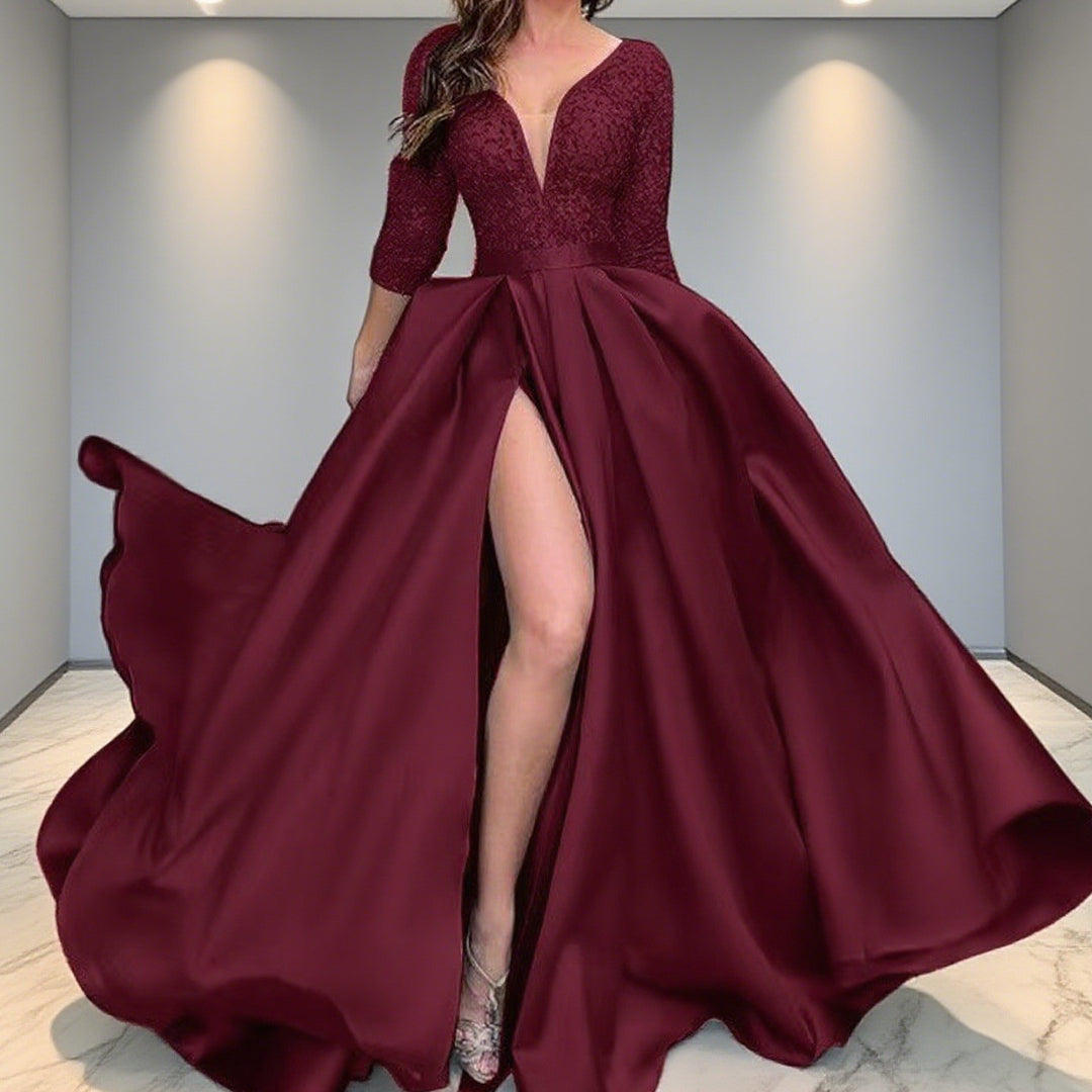 Damen Elegantes Abendkleid mit tiefem Schlitz und aufwendiger Spitzenverzierung Drune
