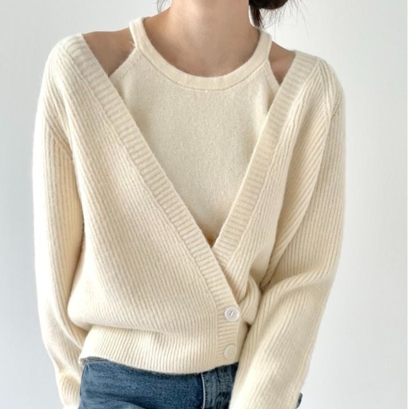 Damen cropped Strickjacke mit tiefem V-Ausschnitt und Knopfdetails Drune