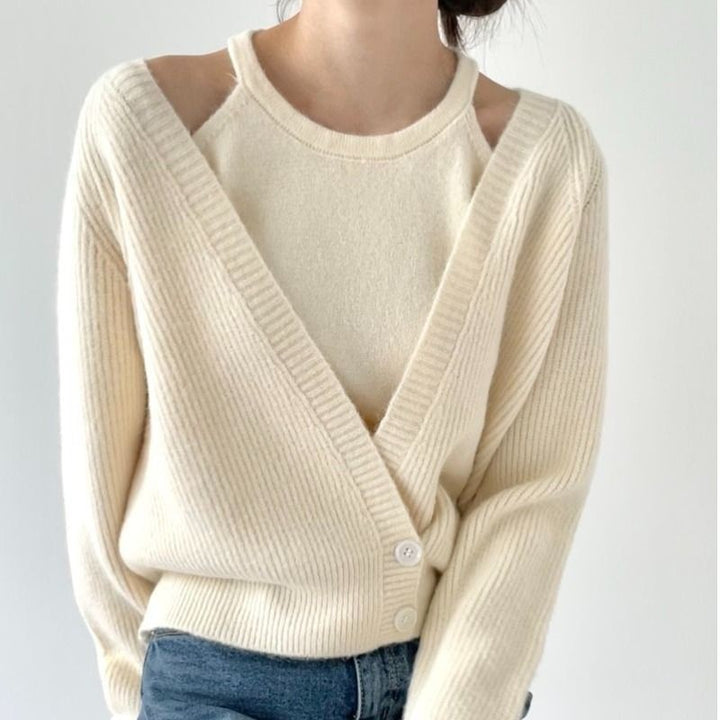 Damen cropped Strickjacke mit tiefem V-Ausschnitt und Knopfdetails Drune