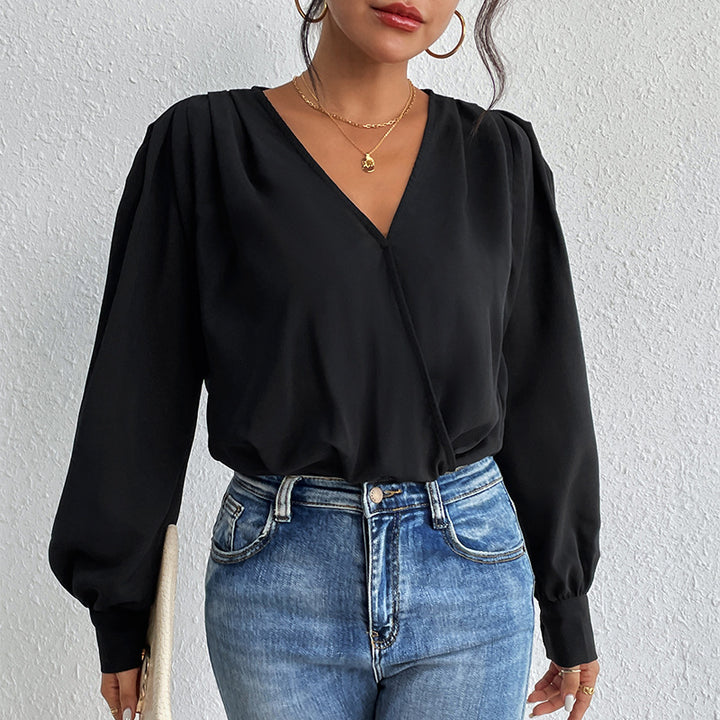 Damen elegante Bluse mit tiefem V-Ausschnitt und voluminösen Ärmeln Drune