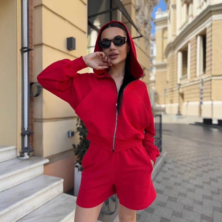 Damen trendy Kapuzenjacke und Shorts Set Drune
