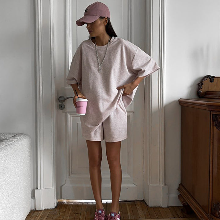 Damen Lässiges Zweiteiler-Set aus oversized T-Shirt und Shorts Drune