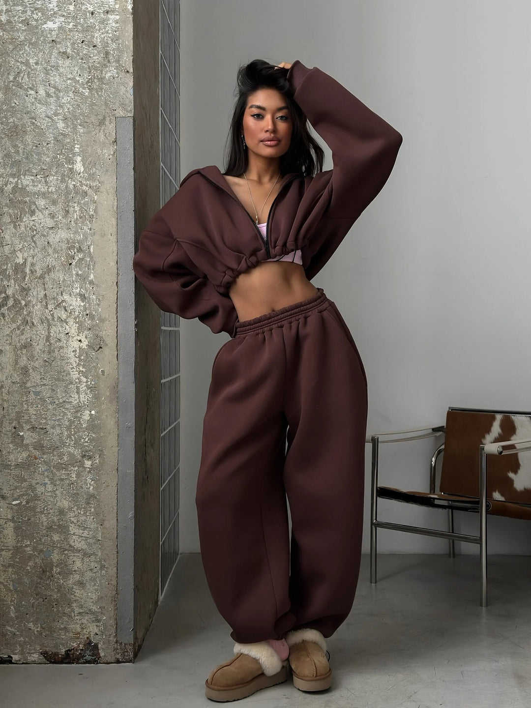 Damen Crinkle-Look Kapuzenjacke und Sweathose Set Drune