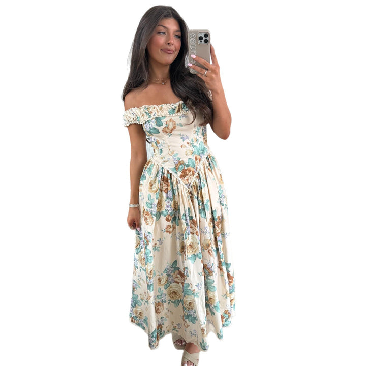 Damen Off-Shoulder Maxikleid mit floralen Akzenten und gerafftem Oberteil Drune