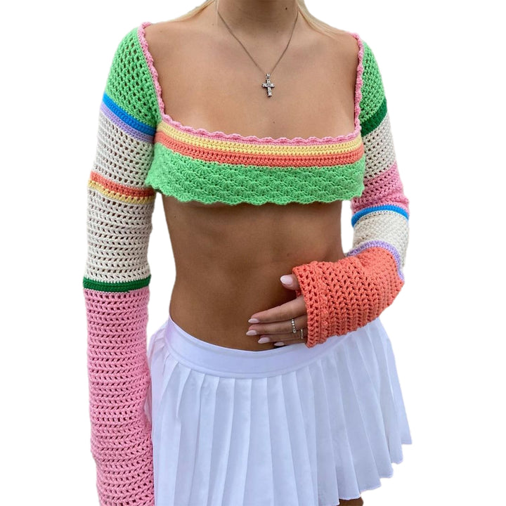Damen gehäkeltes Crop-Top mit langem Arm und bunten Streifen Drune
