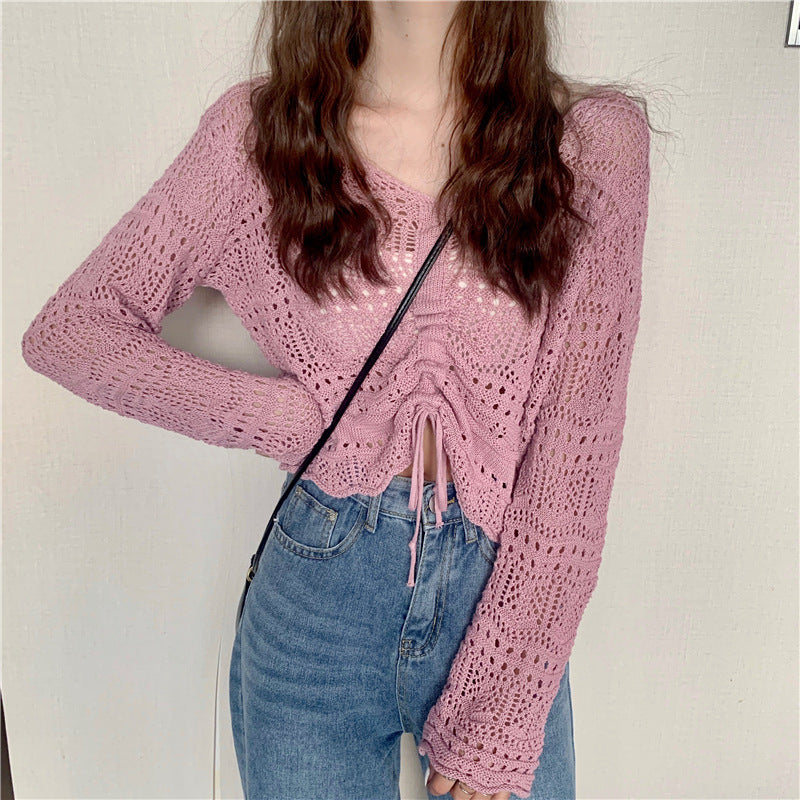 Damen luftiger Strickpullover mit Drop-Shoulder-Design und Kordelzug Drune