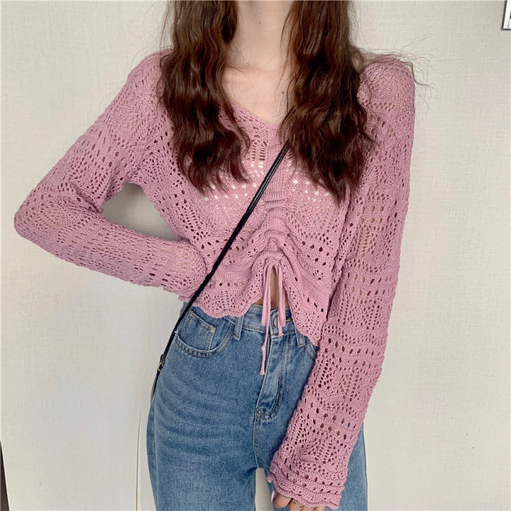 Damen luftiger Strickpullover mit Drop-Shoulder-Design und Kordelzug Drune