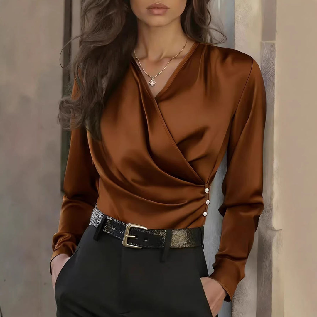 Damen Elegante Wickelbluse aus hochwertigem Satin mit Knopfdetails Drune